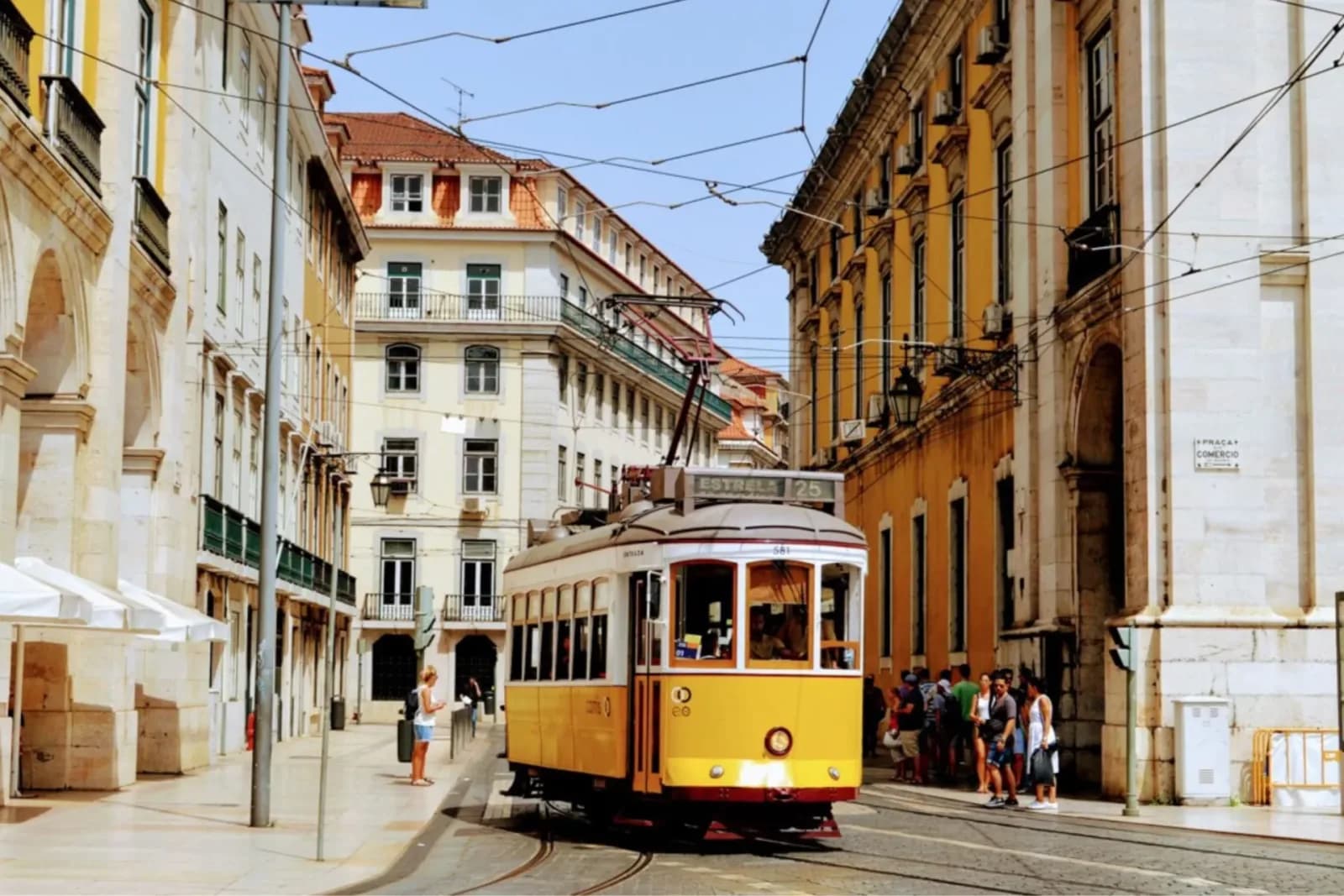 Lisbon — the iconic yellow tram climbing the cobbled streets of Alfama